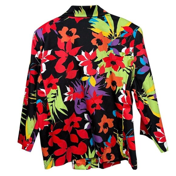 SUSAN GRAVER Bright Floral Blazer Size XL Black Multicolor Cotton Blend Jacket - Picture 8 of 9